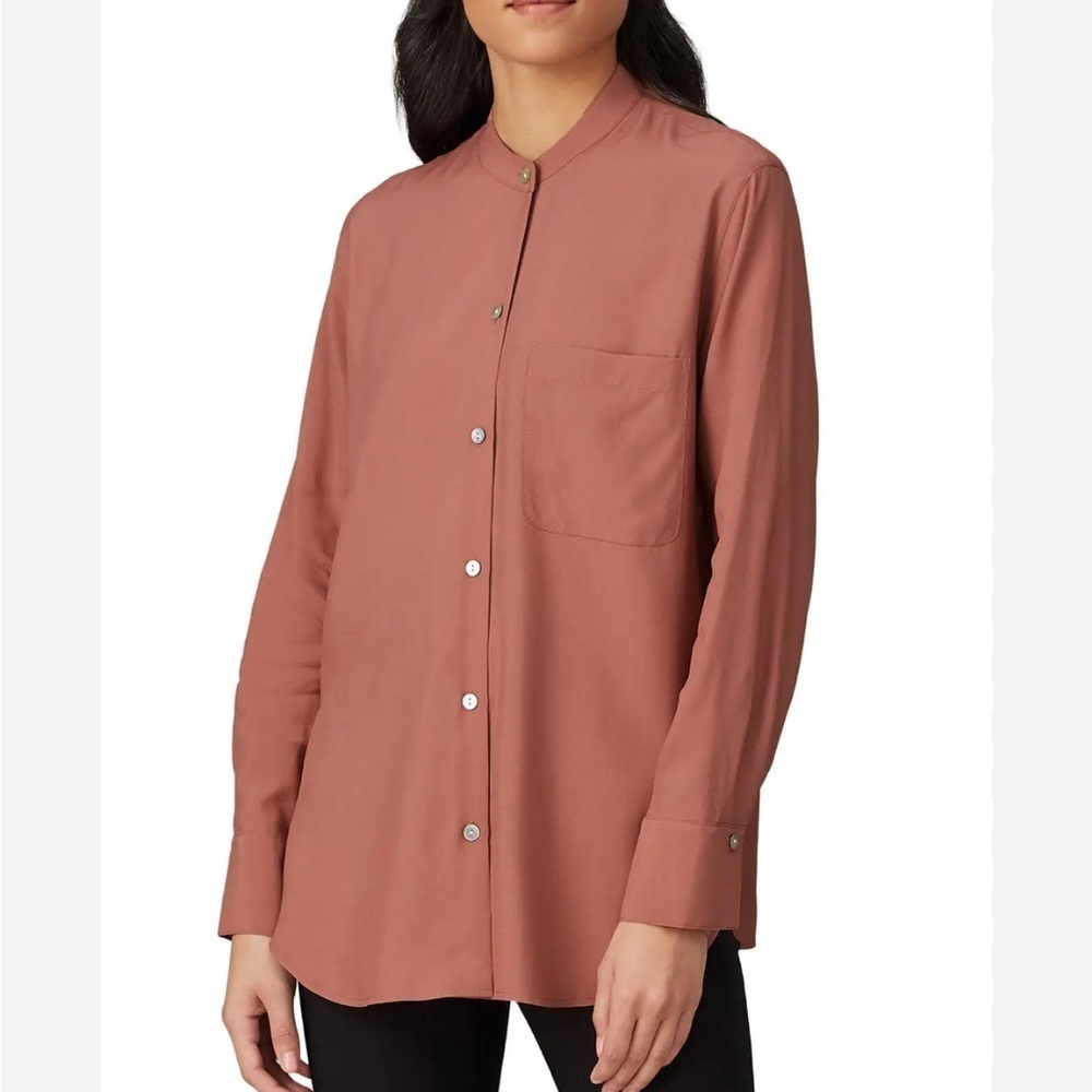 VINCE Relaxed Band Collar Blouse Terracota Button Front Satin Pearl Buttons XL